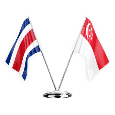 Two table flags isolated on white background 3d illustration, costa rica and singapore