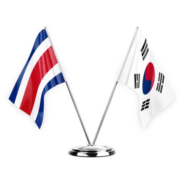 Two table flags isolated on white background 3d illustration, costa rica and south korea