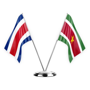 Two table flags isolated on white background 3d illustration, costa rica and suriname