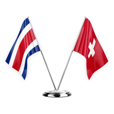 Two table flags isolated on white background 3d illustration, costa rica and switzerland