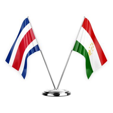 Two table flags isolated on white background 3d illustration, costa rica and tajikistan