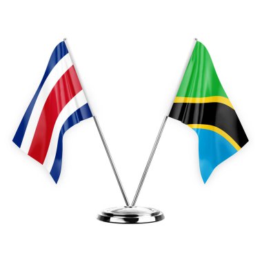 Two table flags isolated on white background 3d illustration, costa rica and tanzania