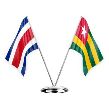 Two table flags isolated on white background 3d illustration, costa rica and togo