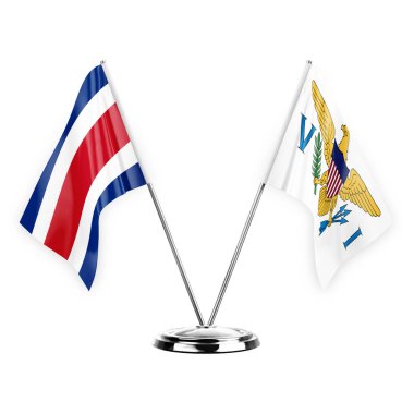 Two table flags isolated on white background 3d illustration, costa rica and virgin islands