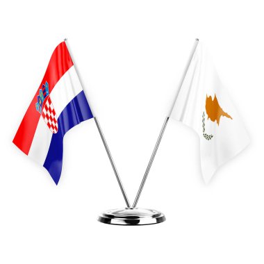Two table flags isolated on white background 3d illustration, croatia and cyprus