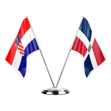 Two table flags isolated on white background 3d illustration, croatia and dominican republic
