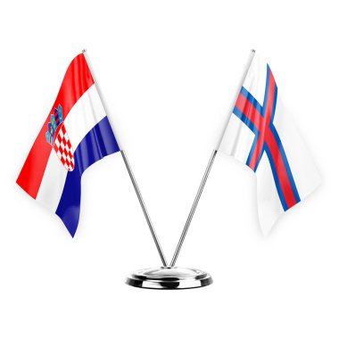 Two table flags isolated on white background 3d illustration, croatia and faroe islands