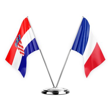 Two table flags isolated on white background 3d illustration, croatia and france