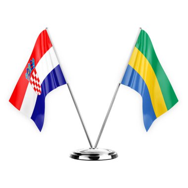 Two table flags isolated on white background 3d illustration, croatia and gabon