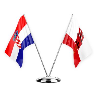Two table flags isolated on white background 3d illustration, croatia and gibraltar