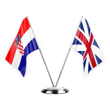 Two table flags isolated on white background 3d illustration, croatia and britain