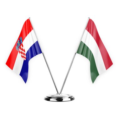 Two table flags isolated on white background 3d illustration, croatia and hungary
