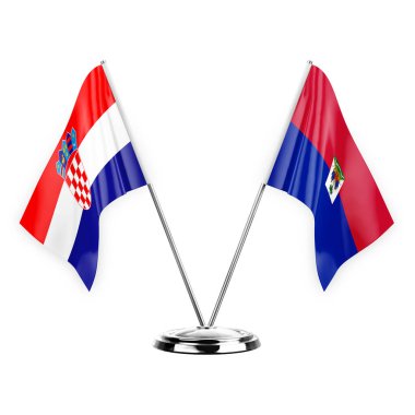 Two table flags isolated on white background 3d illustration, croatia and haiti