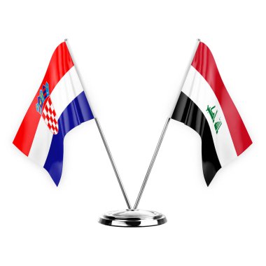 Two table flags isolated on white background 3d illustration, croatia and iraq