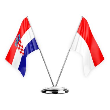 Two table flags isolated on white background 3d illustration, croatia and indonesia