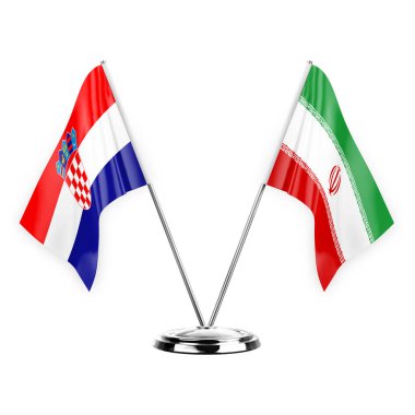 Two table flags isolated on white background 3d illustration, croatia and iran