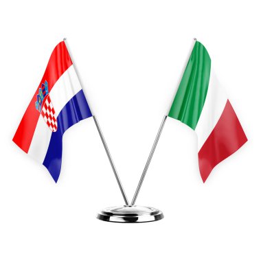 Two table flags isolated on white background 3d illustration, croatia and italy