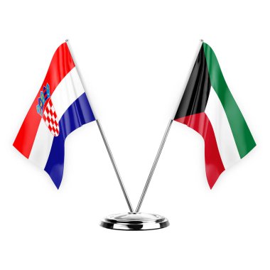 Two table flags isolated on white background 3d illustration, croatia and kuwait