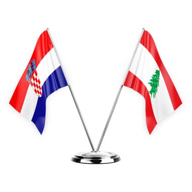 Two table flags isolated on white background 3d illustration, croatia and lebanon