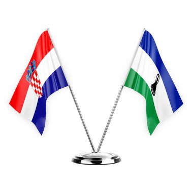 Two table flags isolated on white background 3d illustration, croatia and lesotho