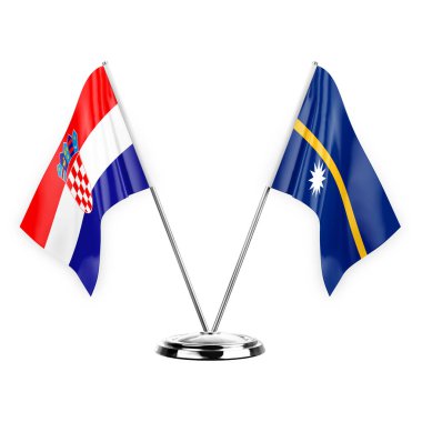 Two table flags isolated on white background 3d illustration, croatia and nauru