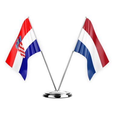 Two table flags isolated on white background 3d illustration, croatia and netherlands
