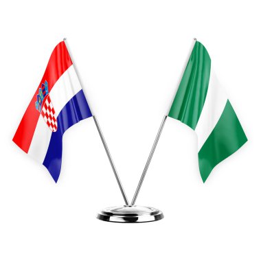 Two table flags isolated on white background 3d illustration, croatia and nigeria