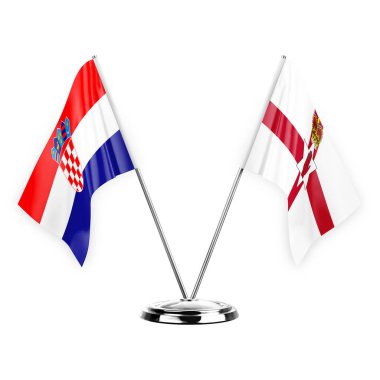 Two table flags isolated on white background 3d illustration, croatia and ireland