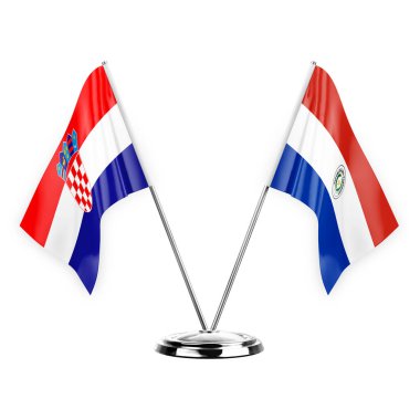 Two table flags isolated on white background 3d illustration, croatia and paraguay