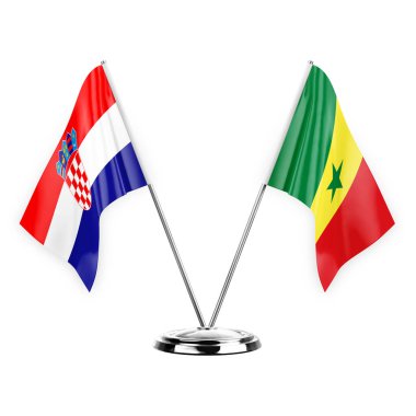 Two table flags isolated on white background 3d illustration, croatia and senegal