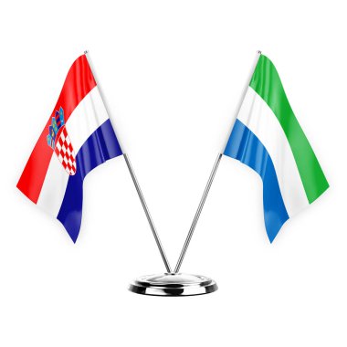 Two table flags isolated on white background 3d illustration, croatia and sierra leone