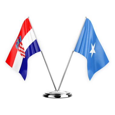 Two table flags isolated on white background 3d illustration, croatia and somalia