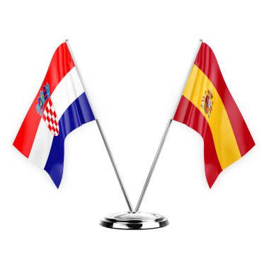 Two table flags isolated on white background 3d illustration, croatia and spain
