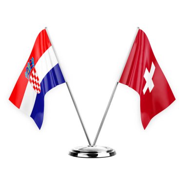 Two table flags isolated on white background 3d illustration, croatia and switzerland
