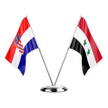 Two table flags isolated on white background 3d illustration, croatia and syria