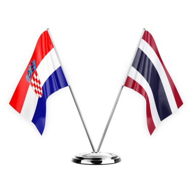 Two table flags isolated on white background 3d illustration, croatia and thailand