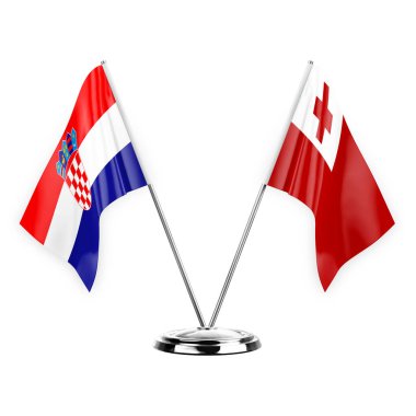 Two table flags isolated on white background 3d illustration, croatia and tonga