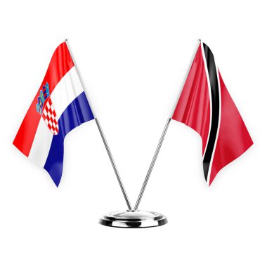 Two table flags isolated on white background 3d illustration, croatia and tobago