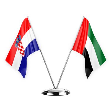Two table flags isolated on white background 3d illustration, croatia and united arab emirates
