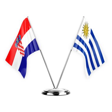 Two table flags isolated on white background 3d illustration, croatia and uruguay