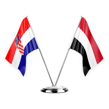 Two table flags isolated on white background 3d illustration, croatia and yemen