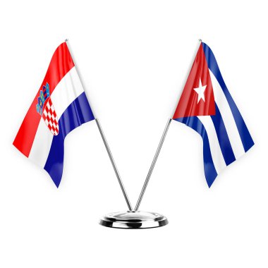 Two table flags isolated on white background 3d illustration, croatia and cuba