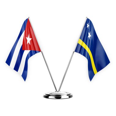Two table flags isolated on white background 3d illustration, cuba and curacao