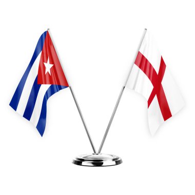 Two table flags isolated on white background 3d illustration, cuba and england