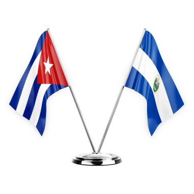 Two table flags isolated on white background 3d illustration, cuba and el salvador