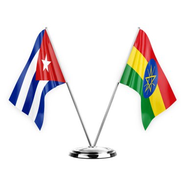 Two table flags isolated on white background 3d illustration, cuba and ethiopia
