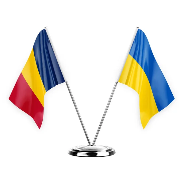 Deux Drapeaux Table Isolés Sur Fond Blanc Illustration Tchad Ukraine — Photo