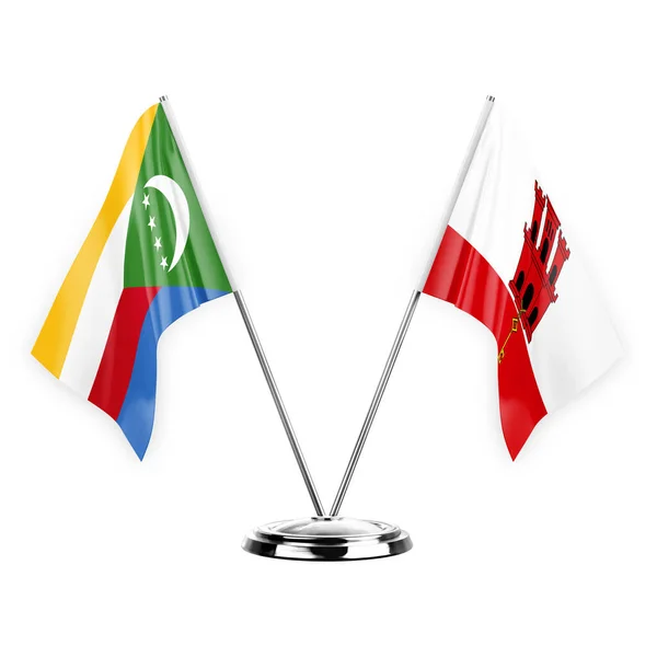 Два Столові Прапори Ізольовані Білому Тлі Ілюстрація Коморські Острови Гібралтар — стокове фото