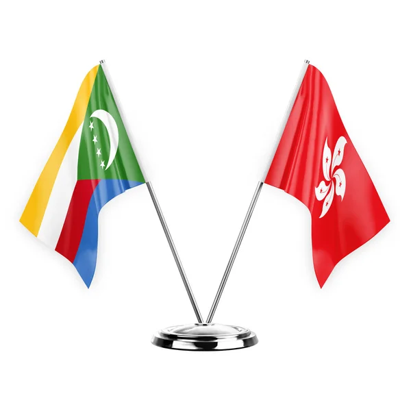 Two Table Flags Isolated White Background Illustration Comoros Hong Kong — Zdjęcie stockowe