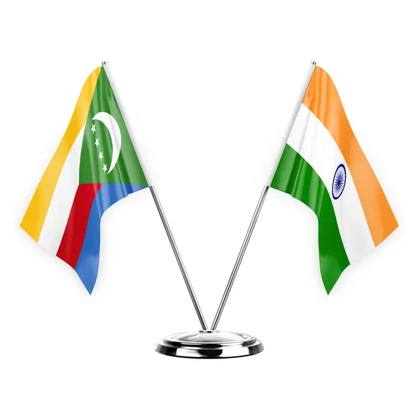 Two Table Flags Isolated White Background Illustration Comoros India — Fotografia de Stock